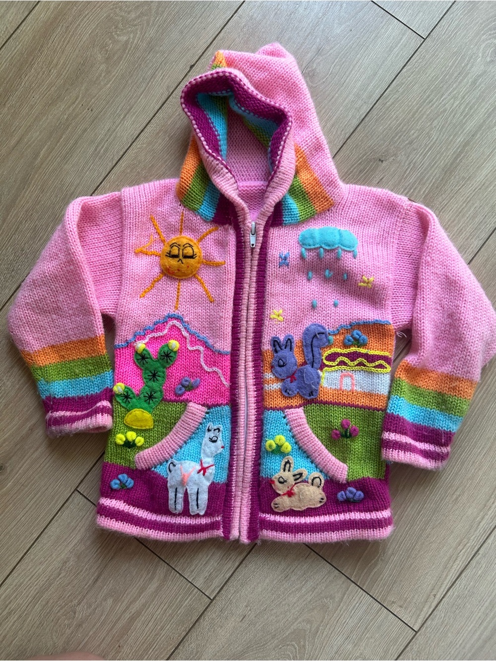 Pink Hooded Kids' Hand-Knit Animal & Nature Zip Cardigan